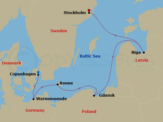 7 Night - Nordic Majesty - Seven Seas Grandeur - Starting in Copenhagen, Warnemunde (Rostock), Ronne, Gdansk (Gdynia), Cruising the Baltic Sea, Riga, Stockholm itinerary map