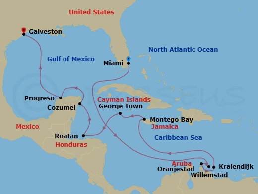 15 Night - Sapphire Sea Dreams - Seven Seas Splendor - Starting in Miami, Cruising the Old Bahama Channel, Cruising the Caribbean Sea, Willemstad AN, Oranjestad, Bonaire (Kralendijk), Cruising the Caribbean Sea, Montego Bay, George Town, Cruising the Caribbean Sea, Roatan, Cruising the Caribbean Sea, Cozumel, Mexico, Progreso, Cruising the Gulf, Houston (Galveston) itinerary map