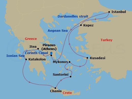 11 Night - Greek Islands from the Corinth Canal to the Bosporus - Emerald Raiya - Starting in Athens (Piraeus), Greece, Transit the Corinth Canal / Itea, Greece, Katakolon, Greece, Chania, Crete, Greece, Santorini, Greece, Mykonos, Greece, Kusadasi, Turkey, Cruising through the Dardanelles / Kepez, Turkey, Istanbul, Turkey, Athens (Piraeus), Greece itinerary map