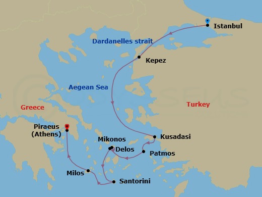 7 Night - Istanbul to Athens Adventure - Emerald Raiya - Starting in Istanbul, Turkey, Cruising through the Dardanelles / Kepez, Turkey, Kusadasi, Turkey, Patmos, Greece, Delos, Greece / Mykonos, Greece, Santorini, Greece, Milos, Greece, Athens (Piraeus), Greece itinerary map