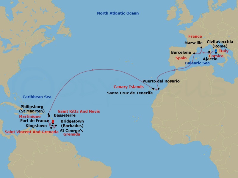 20 Night - Msc Grand Voyages - MSC Seaview - Starting in Civitavecchia (Rome), Italy, Ajaccio (Corsica), France, Marseille (Provence), France, Barcelona, Spain, Puerto Del Rosario / Fuerteventura, Spain, Santa Cruz de Tenerife, Philipsburg, St Maarten, Basseterre, Sao Cristovao, Nevis, Kingstown, St Vincent and the Grenadines, Bridgetown, Barbados, Saint Georges, Grenada, Fort-de-France, Martinique itinerary map