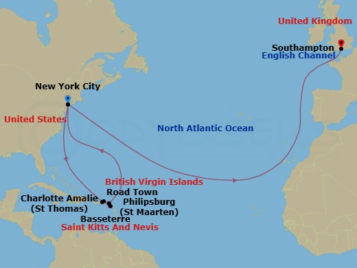 18 Night - Transatlantic Crossing and Eastern Caribbean - Queen Mary 2 - Starting in New York, NY, St Thomas, US Virgin Islands, Road Town, Tortola, Basseterre, St Kitts, Philipsburg, St Maarten, New York, NY, Southampton, England, UK itinerary map