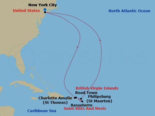 11 Night - Eastern Caribbean - Queen Mary 2 - Starting in New York, NY, St Thomas, US Virgin Islands, Road Town, Tortola, Basseterre, St Kitts, Philipsburg, St Maarten, New York, NY itinerary map