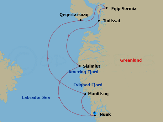 7 Night - Nuuk to Nuuk - Silver Wind - Starting in Nuuk (Godthab), Maniitsoq, Qeqertarsuaq, Eqip Sermia Glacier, Ilulissat, Sisimiut, Amerloq Fjord, Evighedsfjord, Nuuk (Godthab) itinerary map