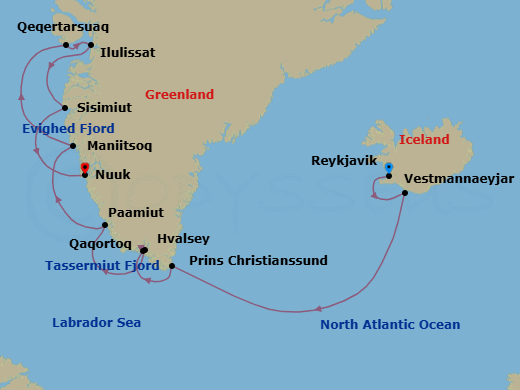 12 Night - Reykjavik to Nuuk - Silver Wind - Starting in Reykjavik, Vestmannaeyjar, Cruise Prince Christian Sound, Tassermiut Fjord, Qaqortoq (Julianehab), Hvalsey, Paamiut, Maniitsoq, Qeqertarsuaq, Ilulissat, Sisimiut, Amerloq Fjord, Evighedsfjord, Nuuk (Godthab) itinerary map