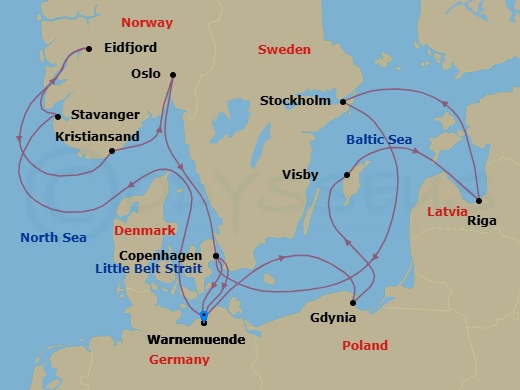 14 Night - Northern Europe - MSC Magnifica - Starting in Warnemunde (Berlin), Germany, Gdynia (Gdansk), Poland, Visby, Sweden, Riga, Latvia, Stockholm, Sweden, Copenhagen, Denmark, Warnemunde (Berlin), Germany, Stavanger (Lysefijord), Norway, Eidfjord, Norway, Kristiansand, Norway, Oslo, Norway, Copenhagen, Denmark, Warnemunde (Berlin), Germany itinerary map