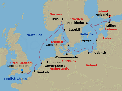 14 Night - North & Baltic Sea Capitals - Oceania Insignia - Starting in London (Southampton), Dunkirk, Ijmuiden, Oslo, Lysekil, Copenhagen, Berlin (Warnemunde), Gdansk (Gdynia), Liepaja, Stockholm, Tallinn, Helsinki itinerary map