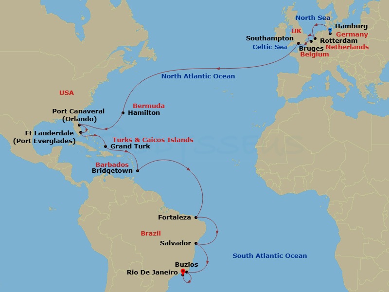 34 Night - Hamburg to Rio De Janeiro - Queen Anne - Starting in Hamburg, Germany, Rotterdam, Netherlands, Zeebrugge (tours to Bruges), Belgium, Southampton, England, UK, Hamilton, Bermuda, Port Canaveral, FL, Fort Lauderdale, FL, Grand Turk, Turks and Caicos Islands, Bridgetown, Barbados, Fortaleza, Brazil, Salvador, Brazil, Buzios, Brazil, Rio De Janeiro, Brazil itinerary map