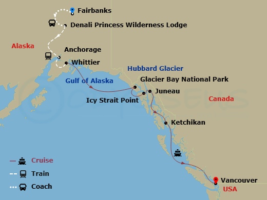 10 Night - Denali Explorer - Tour Cb3 - Discovery Princess Tours - Starting in Fairbanks, Denali Princess Wilderness Lodge, Anchorage (Whittier), Alaska, Hubbard Glacier (Scenic Cruising), Alaska, Glacier Bay National Park (Scenic Cruising), Alaska, Icy Strait Point, Alaska, Juneau, Alaska, Ketchikan, Alaska, Vancouver, Canada itinerary map