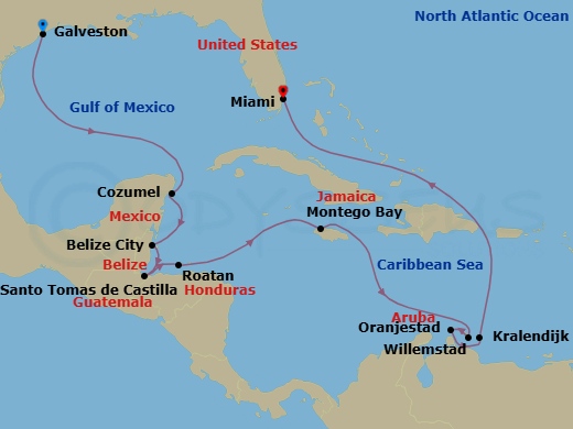 14 Night - Blue Seas & Pastel Towns - Seven Seas Splendor - Starting in Houston (Galveston), Cruising the Gulf, Cozumel, Mexico, Belize City, Santo Tomas De Castilla, Roatan, Cruising the Caribbean Sea, Montego Bay, Cruising the Caribbean Sea, Willemstad AN, Oranjestad, Bonaire (Kralendijk), Cruising the Caribbean Sea, Cruising the Atlantic Ocean, Miami itinerary map