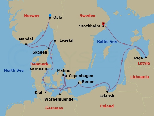 14 Night - Nordic Verve & Baroque Flair - Seven Seas Grandeur - Starting in Oslo, Mandal, Skagen, Lysekil, Aarhus, Kiel, Malmo, Copenhagen, Warnemunde (Rostock), Ronne, Gdansk (Gdynia), Cruising the Baltic Sea, Riga, Stockholm itinerary map
