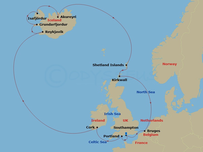 14 Night - Icelandic Fjords & British Isles - Sky Princess - Starting in Southampton (for London), England, Portland UK, Cork, Ireland (Cobh / for Blarney Castle), Reykjavik, Iceland, Grundarfjordur, Iceland, Isafjordur, Iceland, Akureyri, Iceland, Shetland Islands (Lerwick), Scotland, Orkney Islands (Kirkwall), Scotland, Zeebrugge (for Brussels / Bruges), Belgium, Southampton (for London), England itinerary map