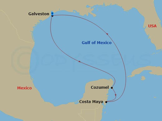 5 Night - Western Caribbean Getaway - Liberty of the Seas - Starting in Galveston, Texas, Cozumel, Mexico, Puerto Costa Maya, Mexico, Galveston, Texas itinerary map