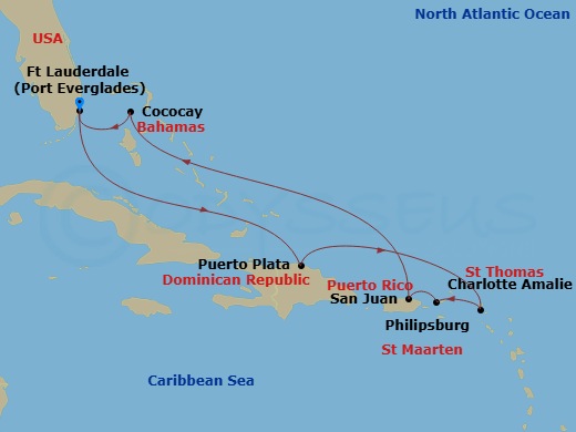 9 Night - Perfect Day Cococay Holiday - Symphony of the Seas - Starting in Fort Lauderdale, Florida, Puerto Plata, Dominican Republic, Charlotte Amalie, St Thomas, Philipsburg, St Maarten, San Juan, Puerto Rico, Perfect Day Cococay, Bahamas, Fort Lauderdale, Florida itinerary map
