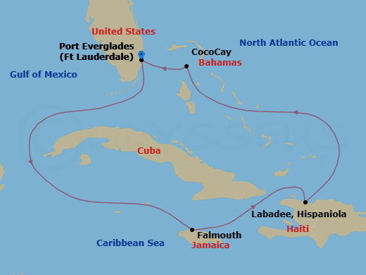6 Night - Perfect Day Cococay & West Carib - Symphony of the Seas - Starting in Fort Lauderdale, Florida, Falmouth, Jamaica, Labadee, Haiti, Perfect Day Cococay, Bahamas, Fort Lauderdale, Florida itinerary map