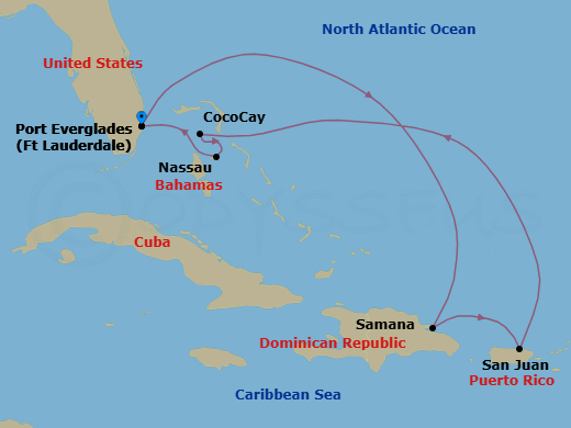 8 Night - Perfect Day Cococay & East Carib - Symphony of the Seas - Starting in Fort Lauderdale, Florida, Samana, Dominican Republic, San Juan, Puerto Rico, Perfect Day Cococay, Bahamas, Nassau, Bahamas, Fort Lauderdale, Florida itinerary map