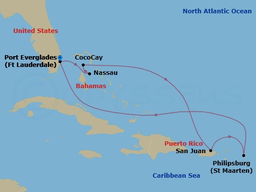 8 Night - Perfect Day Cococay & East Carib - Symphony of the Seas - Starting in Fort Lauderdale, Florida, Nassau, Bahamas, Perfect Day Cococay, Bahamas, San Juan, Puerto Rico, Philipsburg, St Maarten, Fort Lauderdale, Florida itinerary map