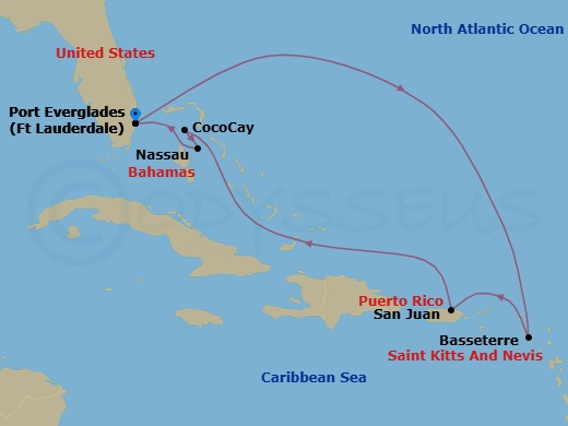 8 Night - Perfect Day Cococay & East Carib - Symphony of the Seas - Starting in Fort Lauderdale, Florida, Basseterre, St Kitts and Nevis, San Juan, Puerto Rico, Perfect Day Cococay, Bahamas, Nassau, Bahamas, Fort Lauderdale, Florida itinerary map