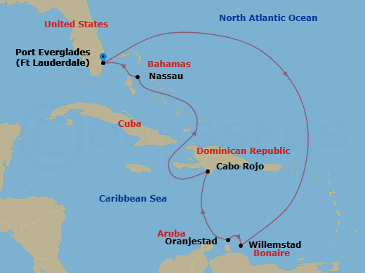 8 Night - Southern Caribbean Cruise - Symphony of the Seas - Starting in Fort Lauderdale, Florida, Willemstad AN, Curacao, Oranjestad, Aruba, Cabo Rojo, Dominican Republic, Nassau, Bahamas, Fort Lauderdale, Florida itinerary map