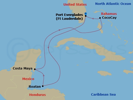 6 Night - Perfect Day Cococay & West Carib - Symphony of the Seas - Starting in Fort Lauderdale, Florida, Roatan, Honduras, Puerto Costa Maya, Mexico, Perfect Day Cococay, Bahamas, Fort Lauderdale, Florida itinerary map