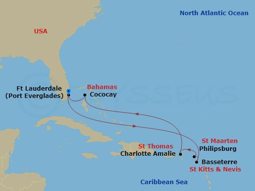 8 Night - Perfect Day Cococay & East Carib - Symphony of the Seas - Starting in Fort Lauderdale, Florida, Basseterre, St Kitts and Nevis, Philipsburg, St Maarten, Charlotte Amalie, St Thomas, Perfect Day Cococay, Bahamas, Fort Lauderdale, Florida itinerary map
