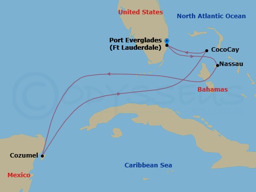 6 Night - Perfect Day Cococay & West Carib - Symphony of the Seas - Starting in Fort Lauderdale, Florida, Nassau, Bahamas, Cozumel, Mexico, Perfect Day Cococay, Bahamas, Fort Lauderdale, Florida itinerary map