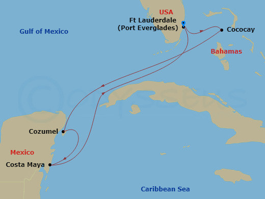6 Night - Perfect Day Cococay & West Carib - Symphony of the Seas - Starting in Fort Lauderdale, Florida, Perfect Day Cococay, Bahamas, Cozumel, Mexico, Puerto Costa Maya, Mexico, Fort Lauderdale, Florida itinerary map