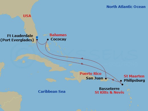 8 Night - Perfect Day Cococay & East Carib - Symphony of the Seas - Starting in Fort Lauderdale, Florida, Basseterre, St Kitts and Nevis, Philipsburg, St Maarten, San Juan, Puerto Rico, Perfect Day Cococay, Bahamas, Fort Lauderdale, Florida itinerary map