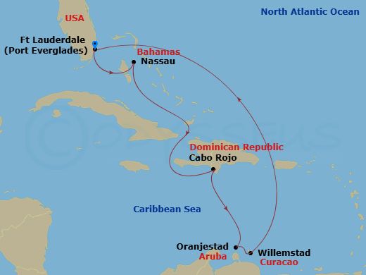 8 Night - Southern Caribbean Cruise - Symphony of the Seas - Starting in Fort Lauderdale, Florida, Nassau, Bahamas, Cabo Rojo, Dominican Republic, Oranjestad, Aruba, Willemstad AN, Curacao, Fort Lauderdale, Florida itinerary map