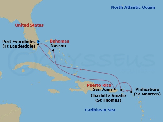 8 Night - Eastern Caribbean Holiday - Symphony of the Seas - Starting in Fort Lauderdale, Florida, Nassau, Bahamas, San Juan, Puerto Rico, Philipsburg, St Maarten, Charlotte Amalie, St Thomas, Fort Lauderdale, Florida itinerary map