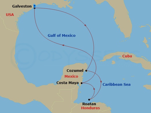 6 Night - Western Caribbean Holiday - Liberty of the Seas - Starting in Galveston, Texas, Cozumel, Mexico, Roatan, Honduras, Puerto Costa Maya, Mexico, Galveston, Texas itinerary map