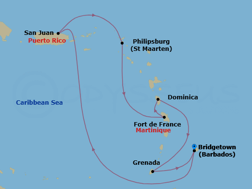 7 Night - Southern Caribbean with Puerto Rico - Crown Princess - Starting in Barbados, San Juan, Puerto Rico, St Maarten, Martinique, Dominica, Grenada, Barbados itinerary map