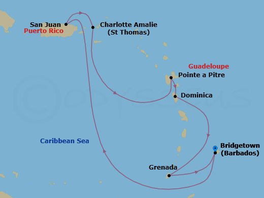 7 Night - Southern Caribbean with Puerto Rico - Crown Princess - Starting in Barbados, San Juan, Puerto Rico, St Thomas, US Virgin Islands, Guadeloupe (Pointe-a-Pitre), Dominica, Grenada, Barbados itinerary map