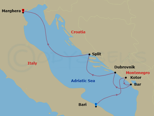 6 Night - Cruise from Bari to Marghera - Costa Deliziosa - Starting in Bari, Kotor, Montenegro, Montenegro, Dubrovnik, Croatia, Split, Croatia, Marghera itinerary map