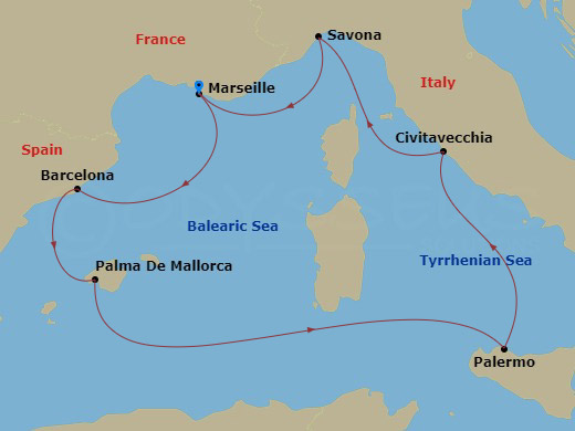 7 Night - Western Mediterranean from Marseille - Costa Toscana - Starting in Marseille, Barcelona, Palma De Mallorca, Palermo, Civitavecchia (Rome), Savona, Marseille itinerary map