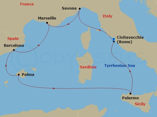 7 Night - Western Mediterranean Roundtrip from Rome (Civitavecchia) - Costa Toscana - Starting in Civitavecchia (Rome), Savona, Marseille, Barcelona, Palma De Mallorca, Palermo, Civitavecchia (Rome) itinerary map