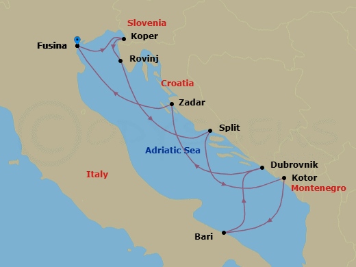 9 Night - Fusina to Fusina - Silver Spirit - Starting in Fusina (Venice), Koper, Rovinj, Split, Kotor, Bari, Dubrovnik, Croatia, Zadar, Fusina (Venice) itinerary map