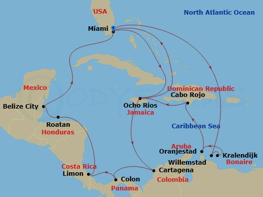 21 Night - Caribbean and Antilles - MSC Poesia - Starting in Miami, Florida, Ocho Rios, Jamaica, Cartagena CO, Colon, Panama, Puerto Limon, Costa Rica, Roatan Island, Honduras, Belize City, Belize, Miami, Florida, Willemstad AN, Kralendijk, Bonaire, Oranjestad, Aruba, Cabo Rojo, Dominican Republic, Ocho Rios, Jamaica, Miami, Florida itinerary map