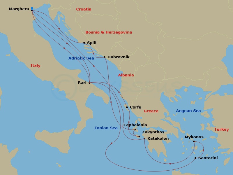 14 Night - Eastern Mediterranean from Marghera - Costa Deliziosa - Starting in Marghera, Bari, Corfu, Zakynthos, Argostoli / Cephalonia, Dubrovnik, Croatia, Split, Croatia, Marghera, Bari, Santorini, Mykonos, Katakolon, Marghera itinerary map