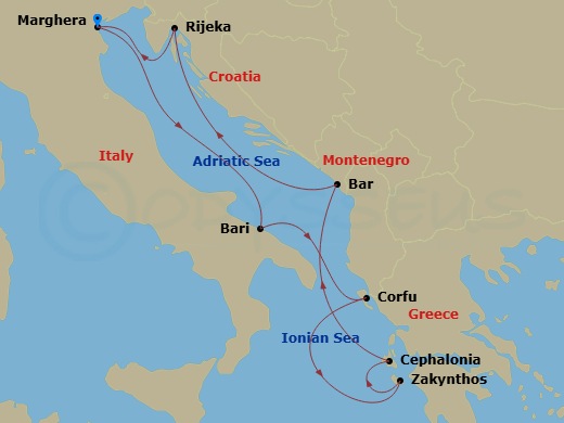 7 Night - Eastern Mediterranean from Marghera - Costa Deliziosa - Starting in Marghera, Bari, Corfu, Zakynthos, Argostoli / Cephalonia, Montenegro, Rijeka, Croatia, Marghera itinerary map