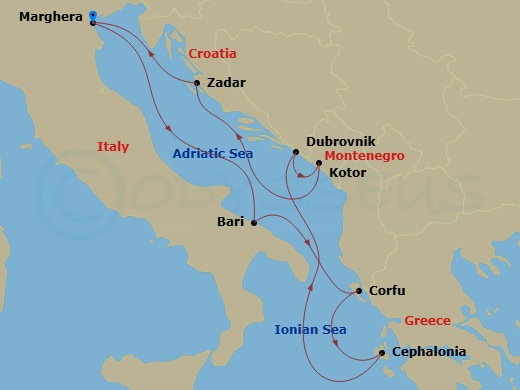 7 Night - Eastern Mediterranean from Marghera - Costa Deliziosa - Starting in Marghera, Bari, Corfu, Argostoli / Cephalonia, Dubrovnik, Croatia, Kotor, Montenegro, Zadar, Croatia, Marghera itinerary map