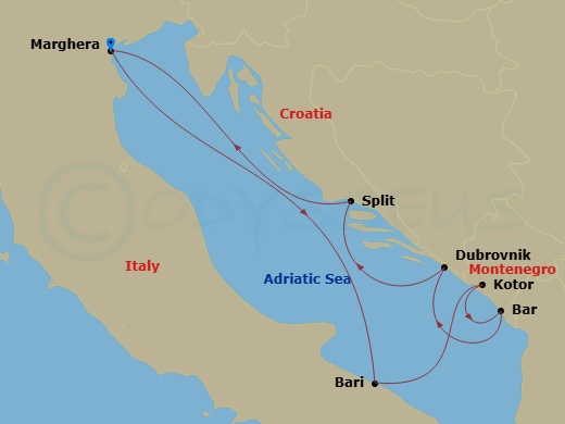 7 Night - Eastern Mediterranean from Marghera - Costa Deliziosa - Starting in Marghera, Bari, Kotor, Montenegro, Montenegro, Dubrovnik, Croatia, Split, Croatia, Marghera itinerary map