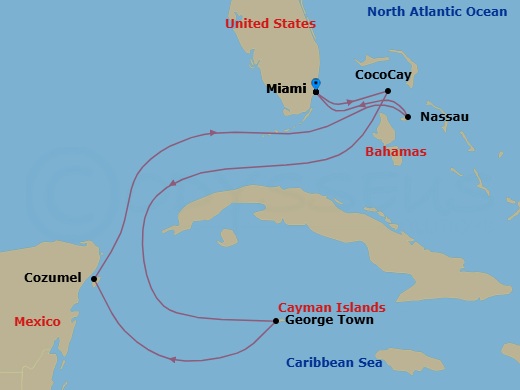 7 Night - Grand Cayman, Mexico & Perfect Day - Celebrity Beyond - Starting in Miami, Florida, Perfect Day Cococay, Bahamas, George Town, Grand Cayman, Cozumel, Mexico, Nassau, Bahamas, Miami, Florida itinerary map