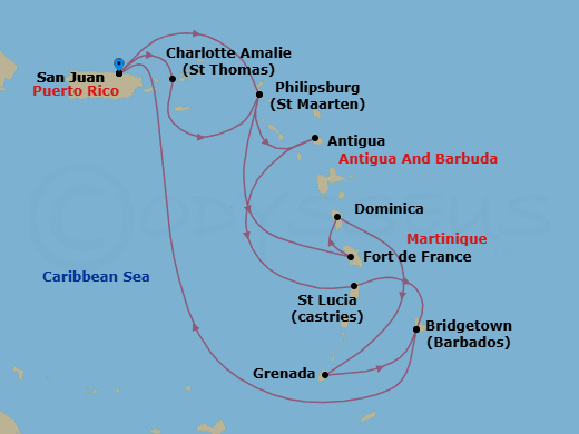 14 Night - Southern Caribbean Adventurer - Crown Princess - Starting in San Juan, Puerto Rico, St Maarten, Martinique, Dominica, Grenada, Barbados, San Juan, Puerto Rico, St Thomas, US Virgin Islands, St Maarten, Antigua, St Lucia, Barbados, San Juan, Puerto Rico itinerary map