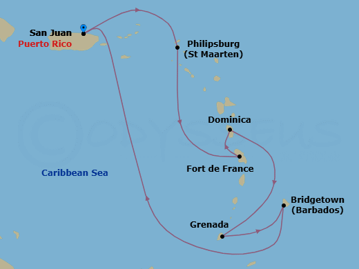 7 Night - Southern Caribbean with Barbados and St. Kitts - Crown Princess - Starting in San Juan, Puerto Rico, St Maarten, Martinique, Dominica, Grenada, Barbados, San Juan, Puerto Rico itinerary map