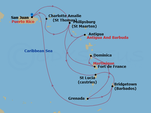 14 Night - Southern Caribbean Adventurer - Crown Princess - Starting in San Juan, Puerto Rico, St Thomas, US Virgin Islands, St Maarten, Antigua, St Lucia, Barbados, San Juan, Puerto Rico, St Maarten, Martinique, Dominica, Grenada, Barbados, San Juan, Puerto Rico itinerary map