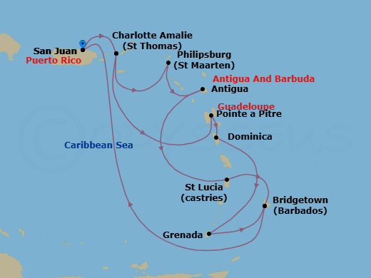 14 Night - Southern Caribbean Adventurer - Crown Princess - Starting in San Juan, Puerto Rico, St Thomas, US Virgin Islands, St Maarten, Antigua, St Lucia, Barbados, San Juan, Puerto Rico, St Thomas, US Virgin Islands, Guadeloupe (Pointe-a-Pitre), Dominica, Grenada, Barbados, San Juan, Puerto Rico itinerary map