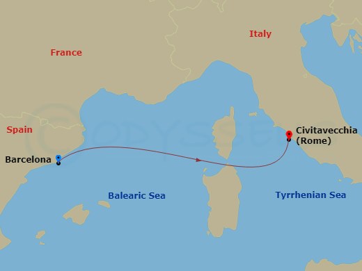 2 Night - Mediterranean - MSC Musica - Starting in Barcelona, Spain, Civitavecchia (Rome), Italy itinerary map