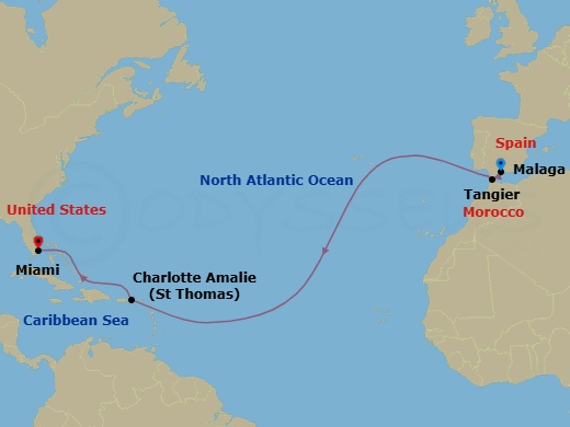 13 Night - Transatlantic Cruise : Malaga to Miami - Azamara Onward - Starting in Malaga, Tangier, Charlotte Amalie, St Thomas, Miami, Florida itinerary map