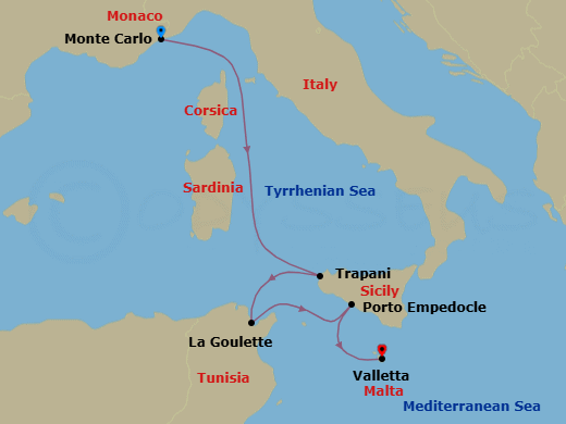 5 Night - Monte Carlo to Valletta - World Traveller - Starting in Monte Carlo, Trapani (Sicily), La Goulette, Porto Empedocle (Sicily), Valletta itinerary map